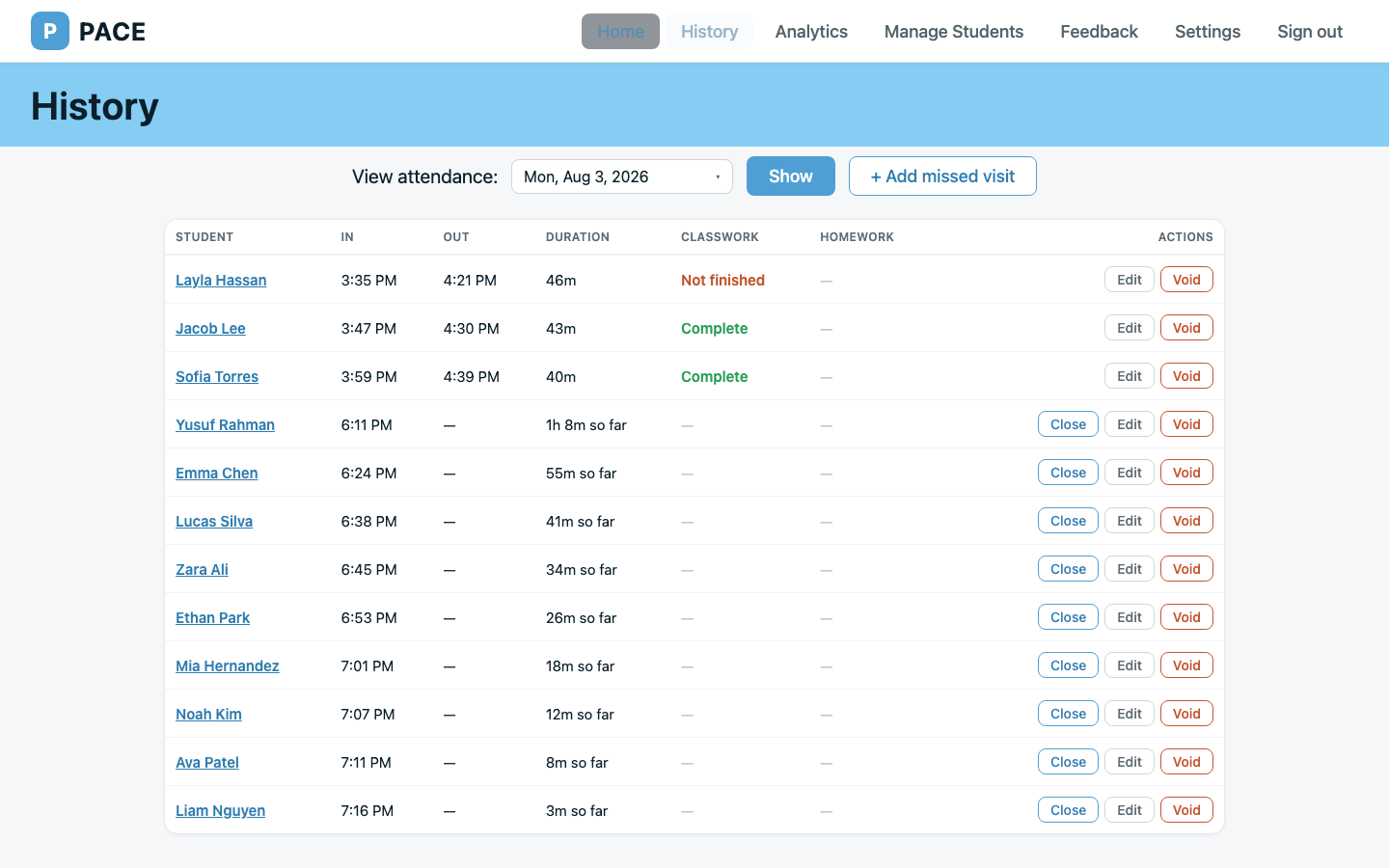 PACE history page with a day's visits and audit-logged corrections
